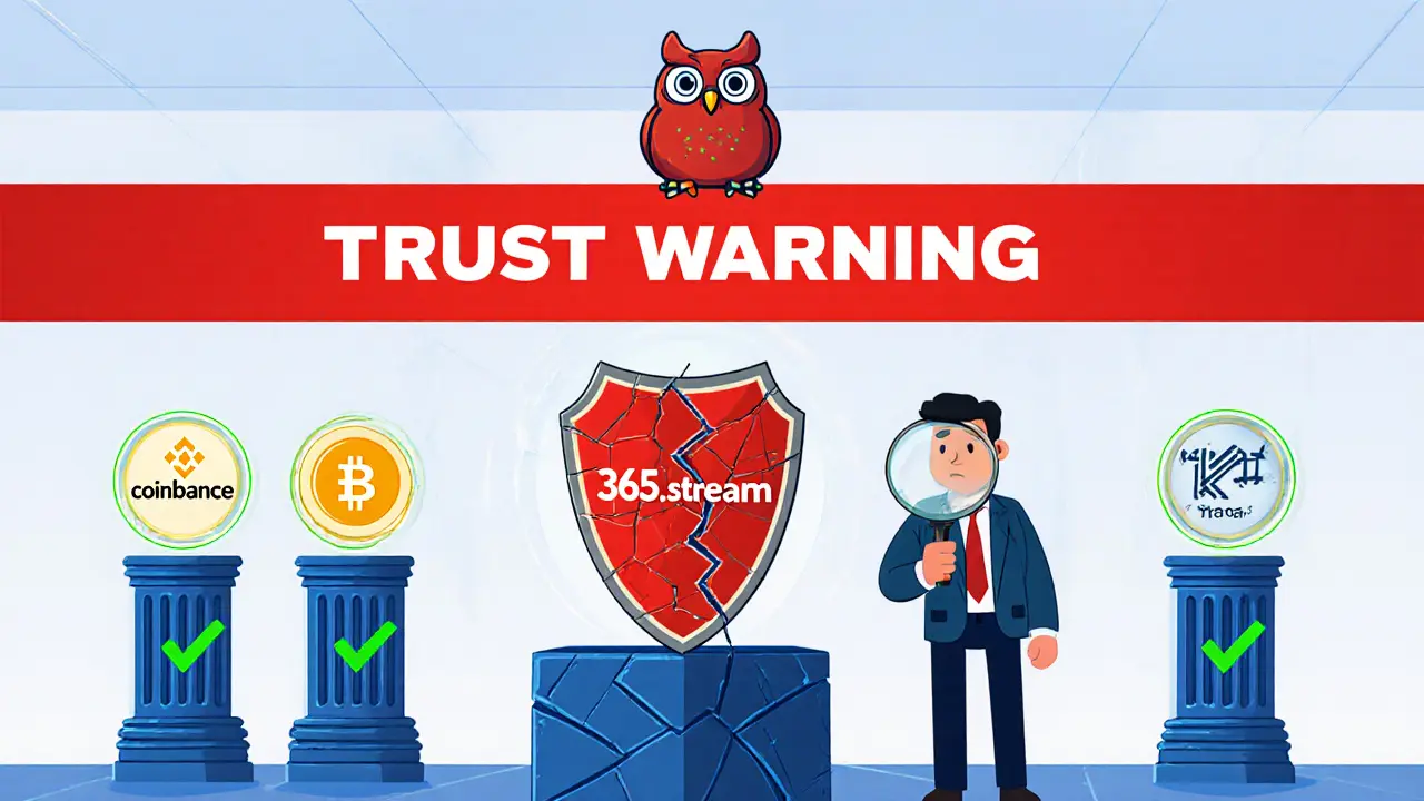 Red alert banner with Revain.org owl, cracked shield for 365.stream, and trusted exchange pillars.