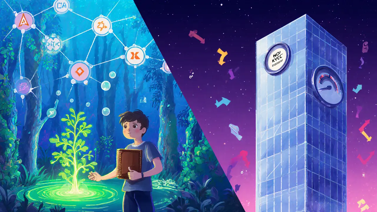 Side‑by‑side cartoon of a decentralized exchange versus a non‑KYC centralized exchange with contrasting elements.