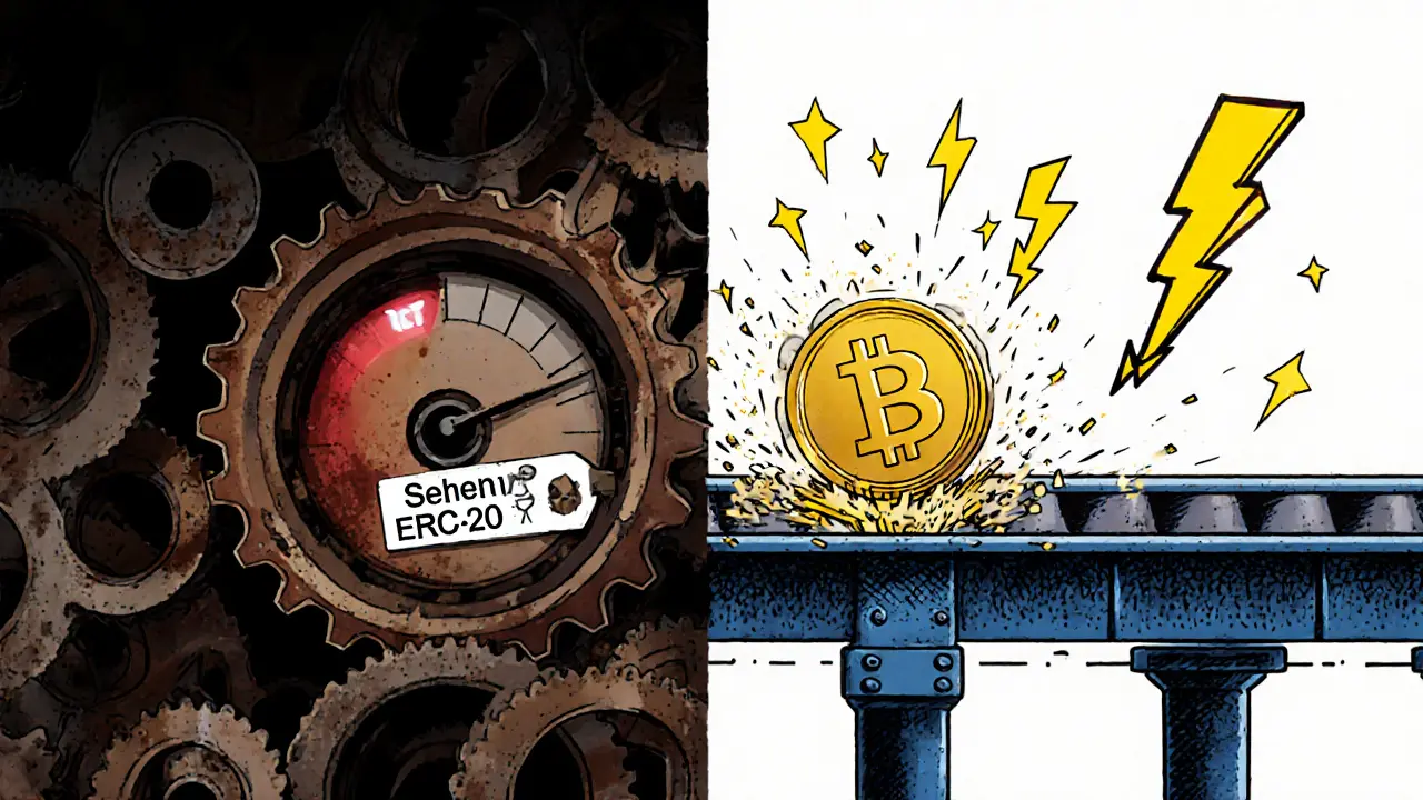 Split scene shows sluggish Ethereum JEET token and fast Solana tokens with price collapse.