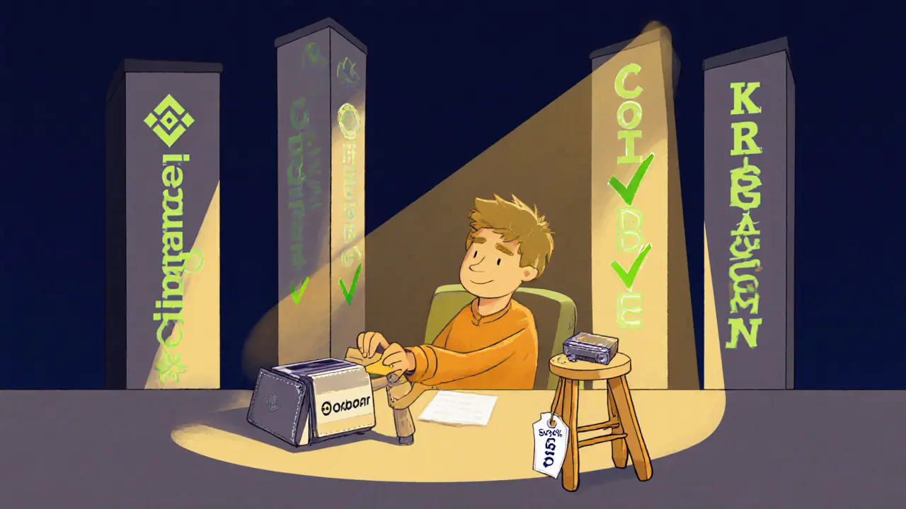 Trader at desk choosing hardware wallet, with strong exchange columns and a shaky 365.stream stool.