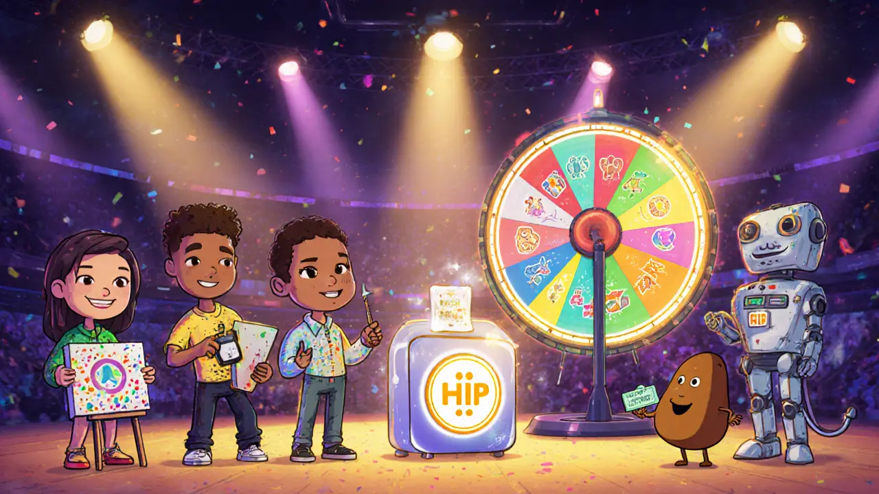 Cartoon avatars voting at a token-shaped ballot box beside a spinning NFT raffle wheel and partner characters.