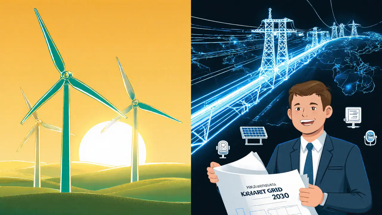 Cartoon illustration of wind turbines, HVDC line, and policy blueprint highlighting Kazakhstan&#039;s renewable future.