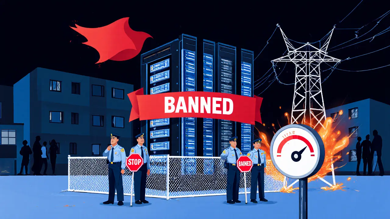 Editorial cartoon of a crypto mining rig being shut down with police, indicating the mining ban and blackouts.