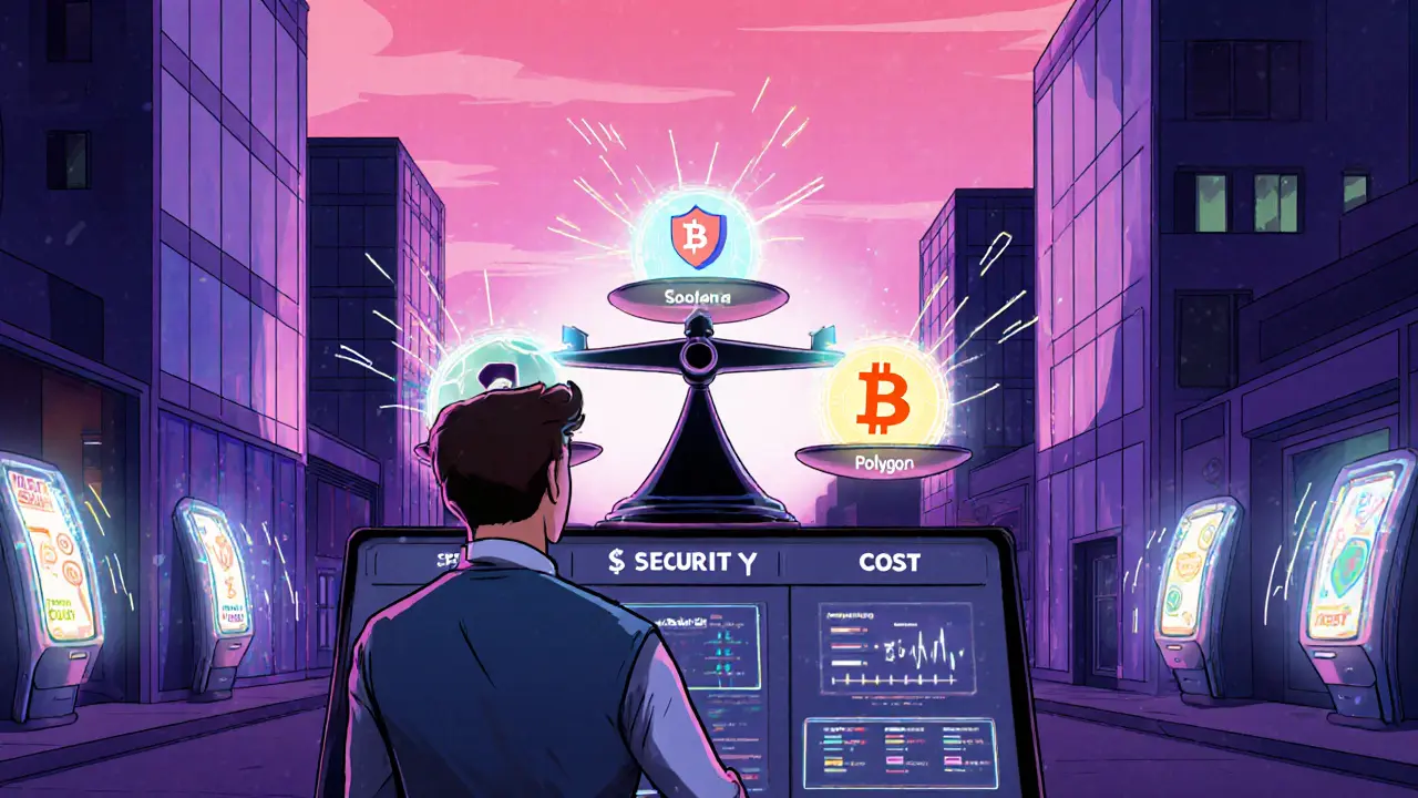 Futuristic city with a shop owner balancing speed, security, and cost of crypto payments.