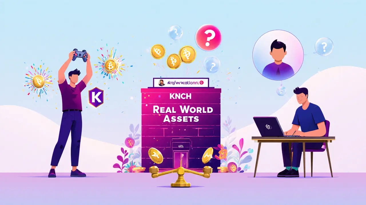 Illustration of gaming swaps, asset tokenization, developer coding, and .knch domains with a risk‑reward scale.