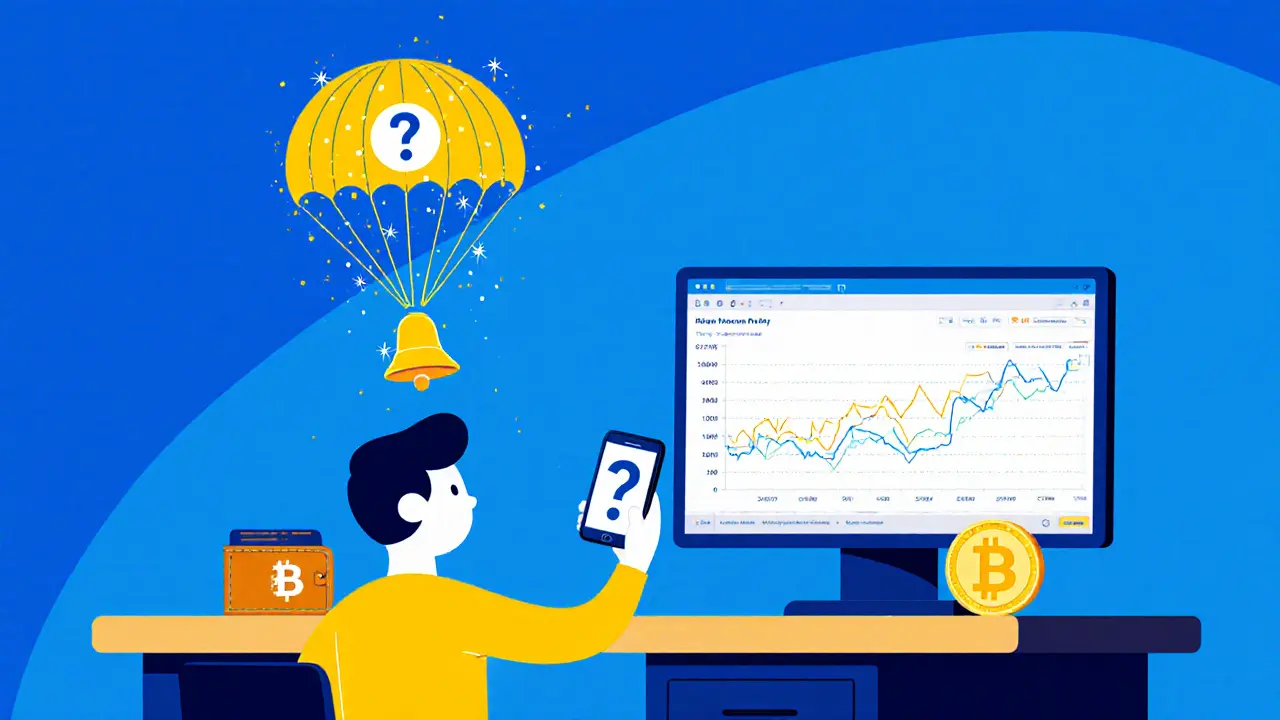 Person at a desk observing alerts as a bright parachute airdrop icon descends toward them.