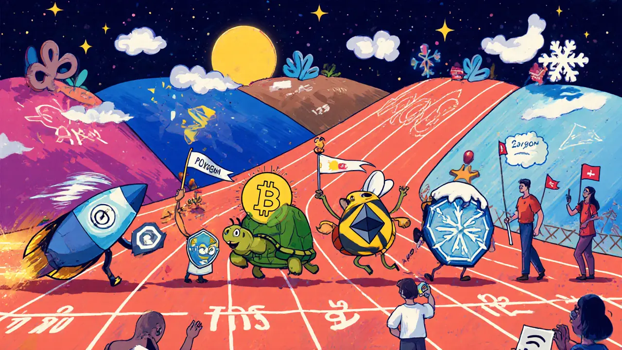 Race track with blockchain mascots illustrating different transaction speeds.