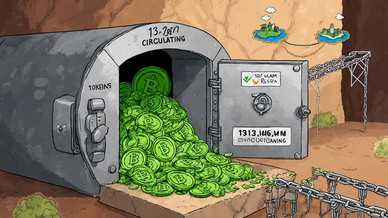 Vault split showing circulating green tokens and locked grey reserve tokens with cross‑chain bridges.