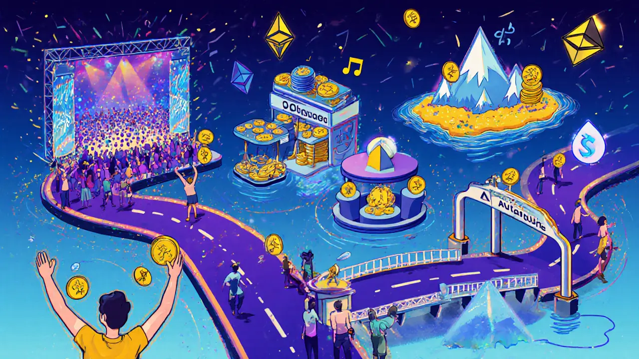 Whimsical roadmap showing concert stage, NFT market stall, and cross‑chain bridge with cheering token holders.