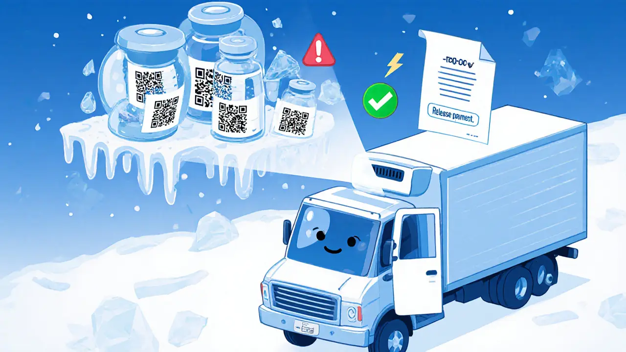 Cartoon of refrigerated truck delivering vaccines with IoT sensor and smart contract alerts.