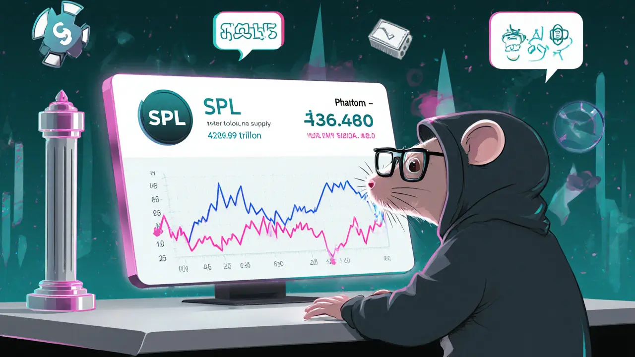 Cartoon rat at a Solana trading desk reviewing SPL token data and a volatile price chart.