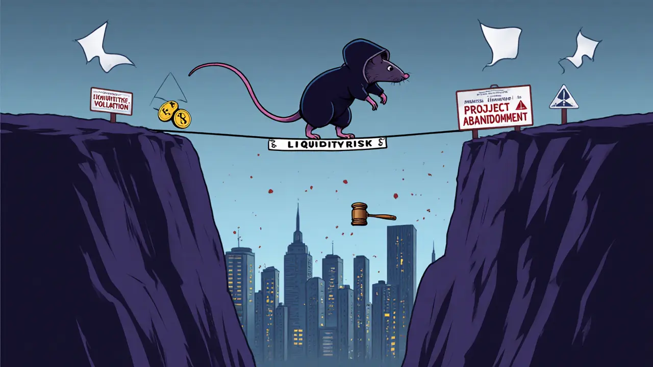 Cartoon rat walking a tightrope over a chasm marked with liquidity, volatility, and regulatory warnings.