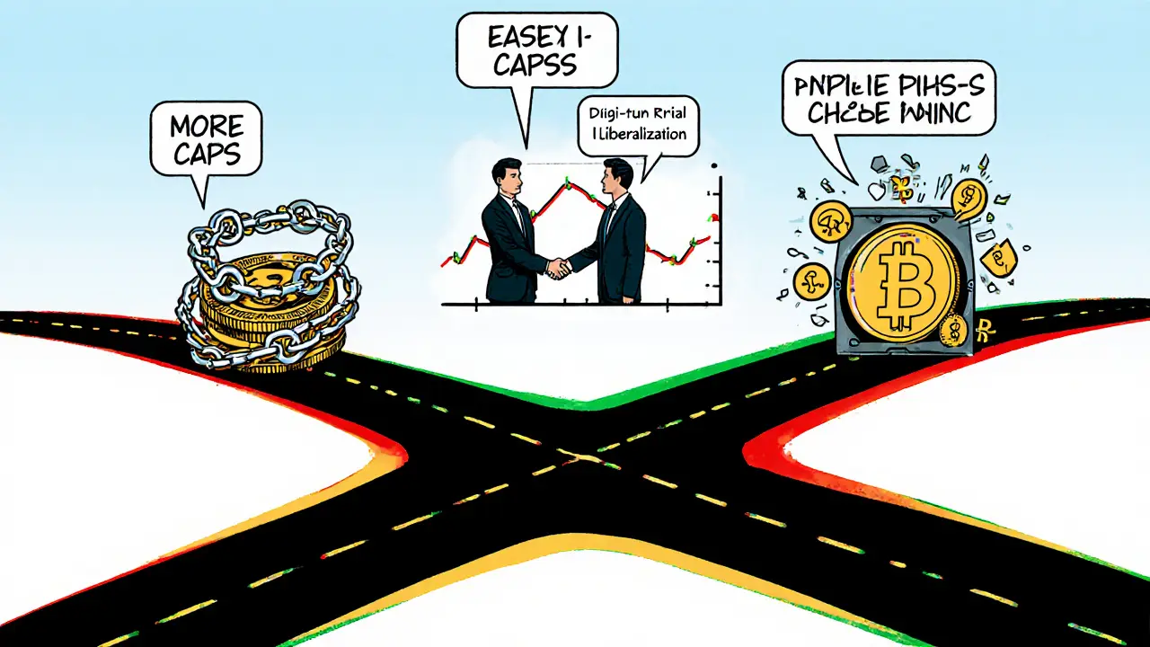 Cartoon showing three future paths: tighter caps, liberalization handshake, and digital rial overtaking private crypto.