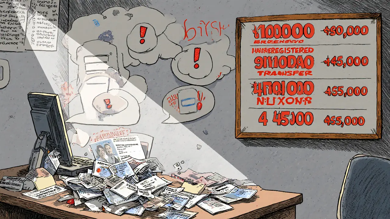 Chaotic office with scattered fake IDs, missing serial numbers, and red error alerts.