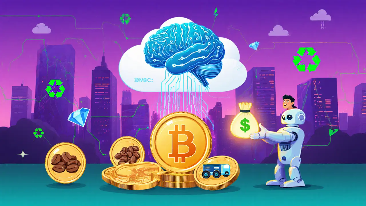 Editorial scene showing digital tokens, AI analytics, and a small business receiving a DeFi loan.