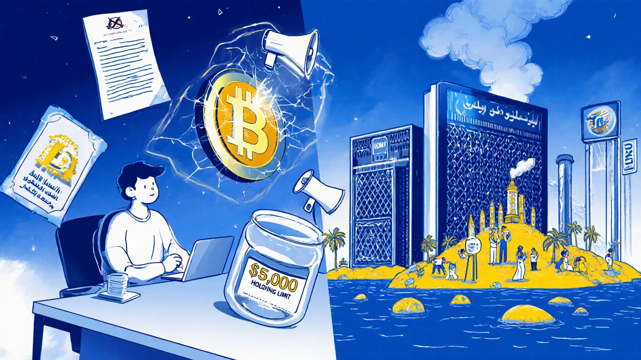 Illustration of a user facing USDT caps, crypto tax form, ad ban billboard, digital rial on Kish, and large Bitcoin mining rig.