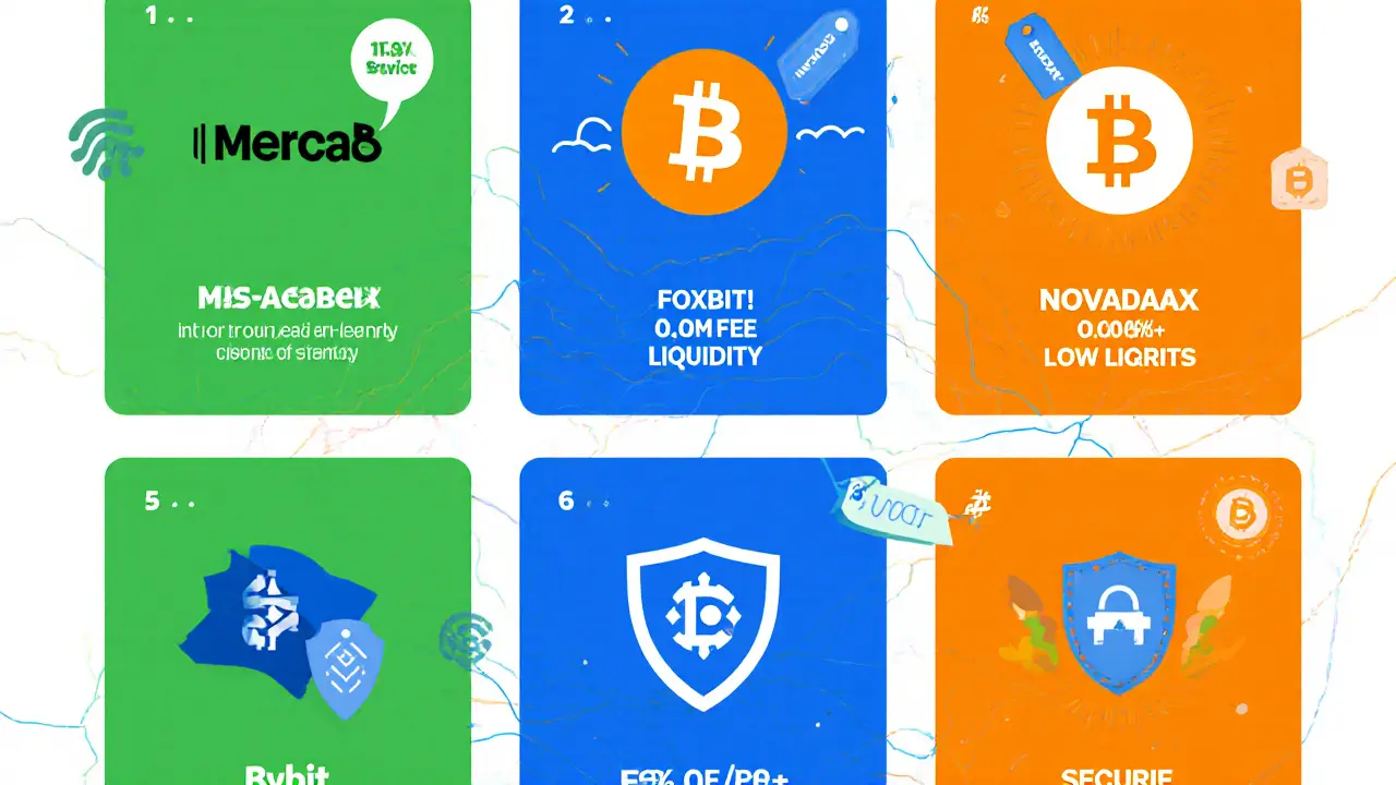 Six-panel cartoon comparing major Brazilian Bitcoin exchanges with icons and stats.