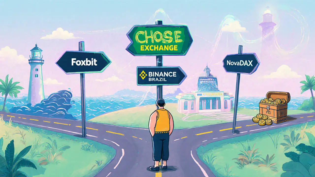 Trader at a crossroads choosing between Foxbit, Binance Brazil, and NovaDAX.