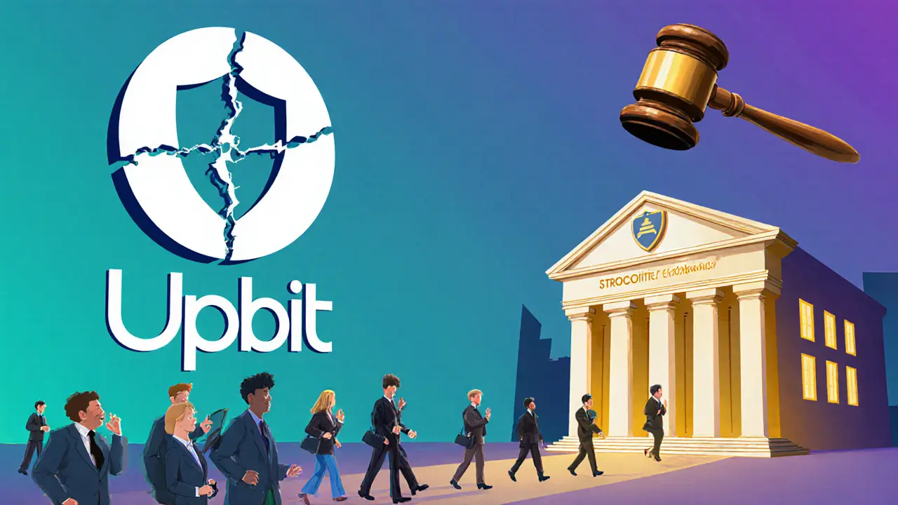 Traders move from a broken Upbit logo toward a compliant exchange under a courtroom backdrop.