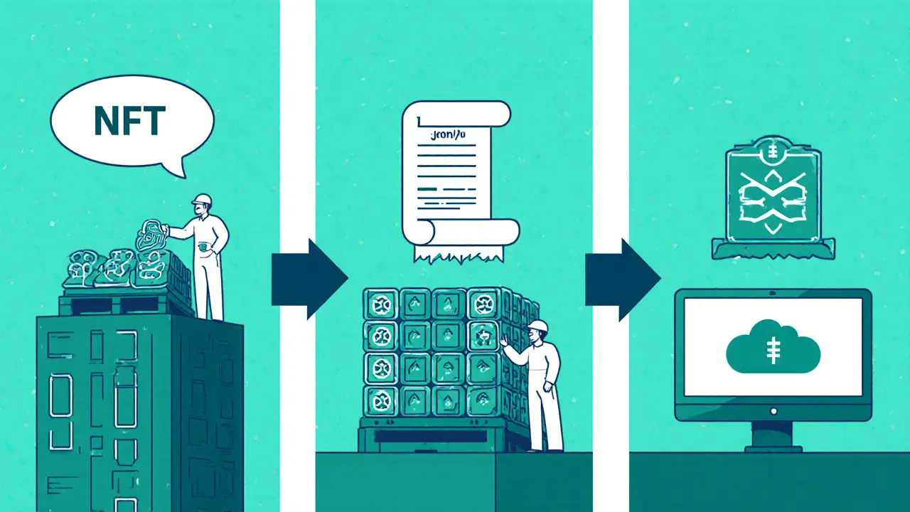 Cartoon flow showing NFT minting, RFID scan, and smart contract update with IPFS cloud icon.