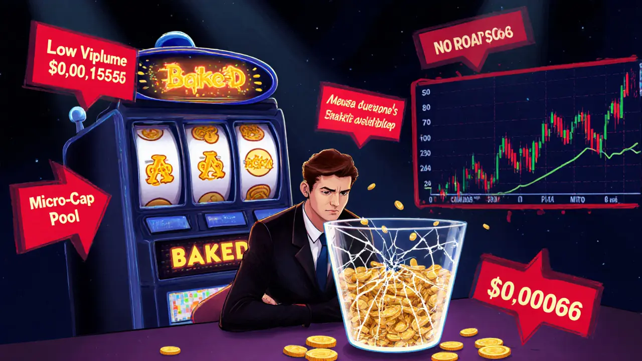 Cartoon of a gambler at a crypto casino table with falling BAKED tokens and warning signs.