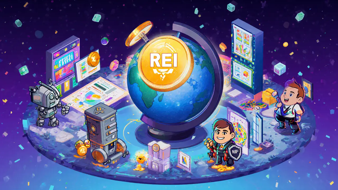 Cartoon scene of DeFi, GameFi, NFT icons and partner characters linked to the REI network hub.