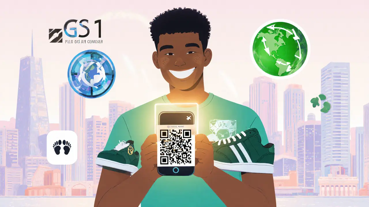 Consumer scans sneaker QR code revealing origin, carbon data, and sustainability badges.
