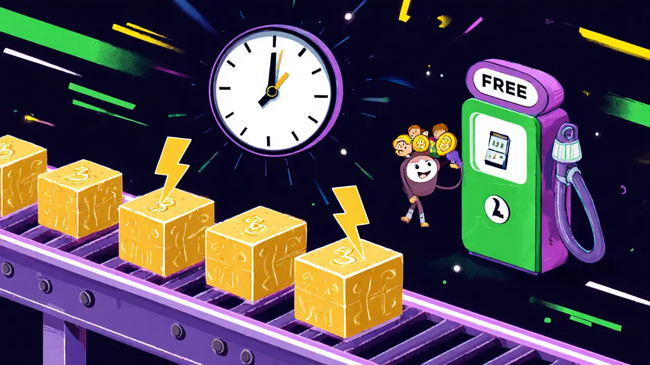Illustration of fast-moving blocks and a 3‑second timer highlighting REI’s high‑speed, fee‑free blockchain.