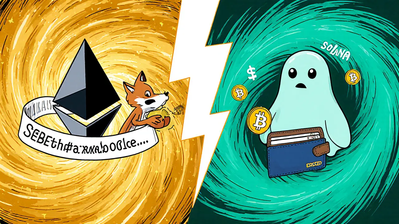 Split‑screen cartoon showing Ethereum and Solana chains with their wallets handling BAKED tokens.