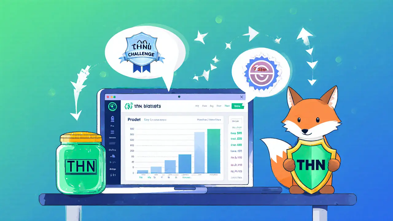 Crypto user at laptop with Bitget THN challenge screen and MetaMask mascot showing contract address.