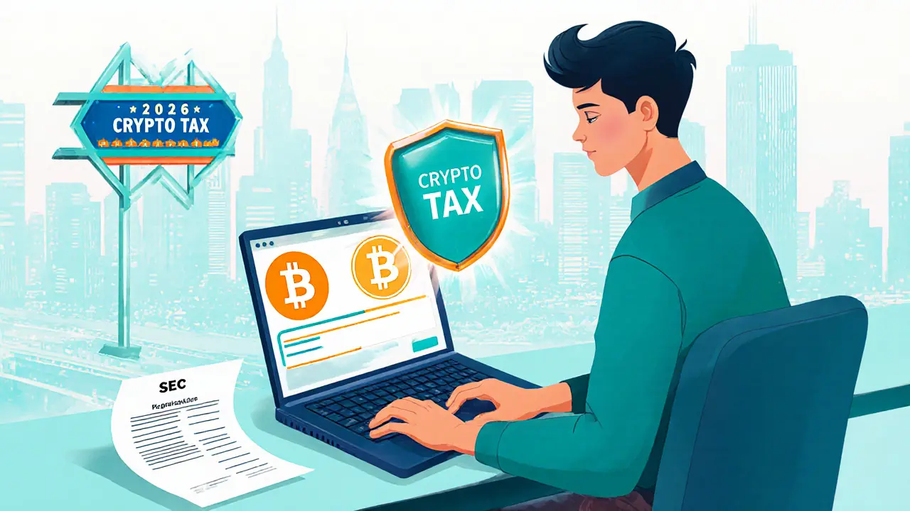 Freelancer receiving a crypto payment, showing receipt, tax form, and protective shield.