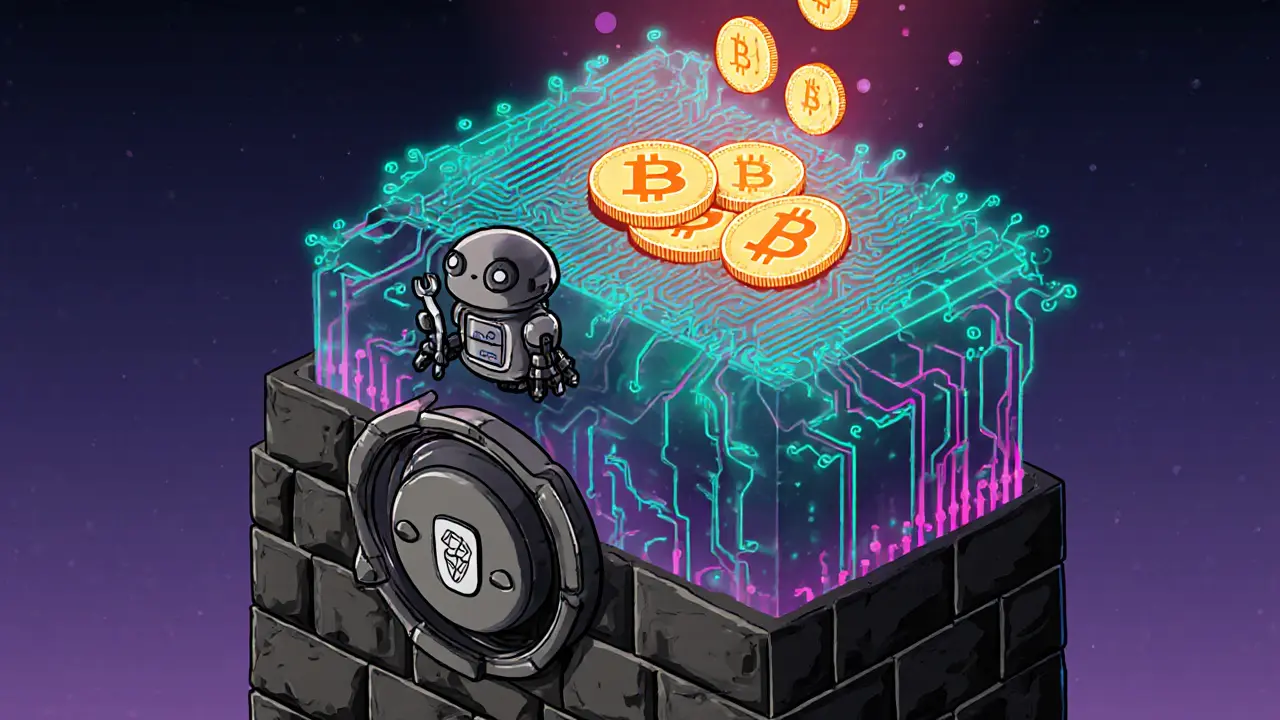Layered illustration of Bitcoin bricks supporting a neon Tron circuit with a vault releasing BTCT tokens.