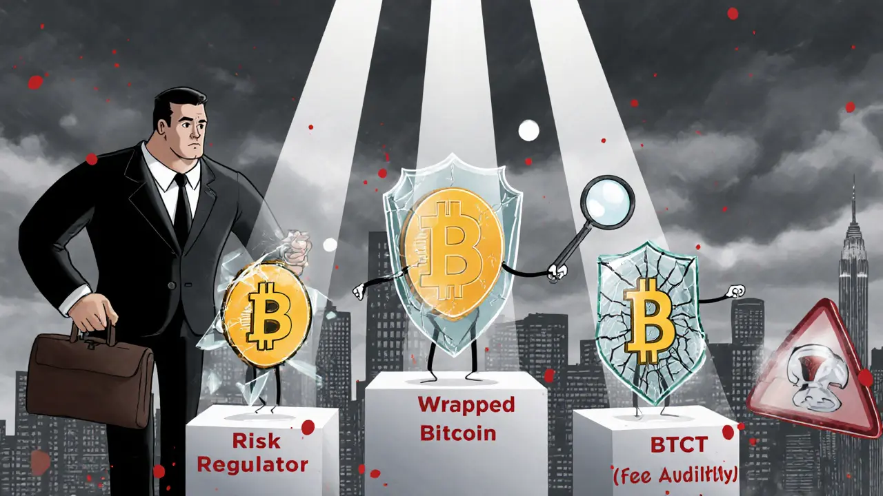 Three crypto figures with different shields face a regulator, highlighting BTCT&#039;s risks.