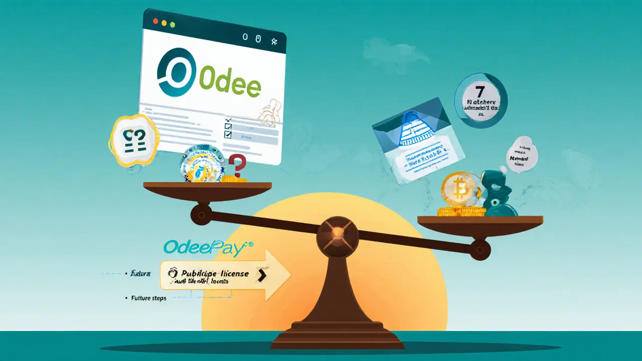 Balance scale shows Odee pros on one side and cons on the other, with a roadmap arrow above.