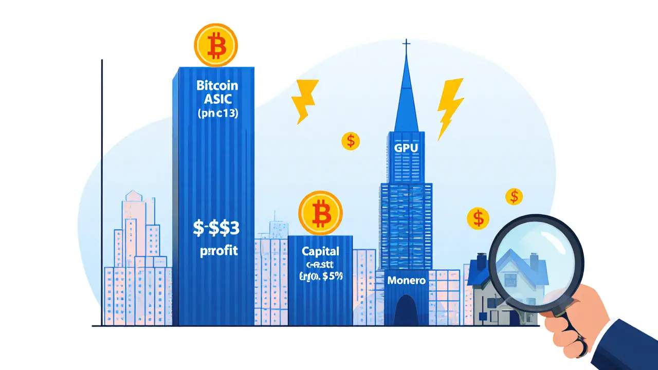 Cartoon city‑skyline chart comparing profit, power, and cost of Bitcoin, Litecoin, and Monero.