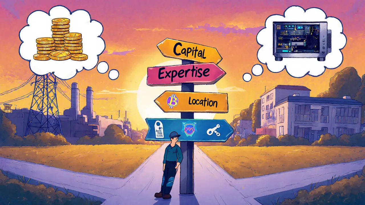 Cartoon miner at crossroads choosing between Bitcoin and altcoin based on key factors.