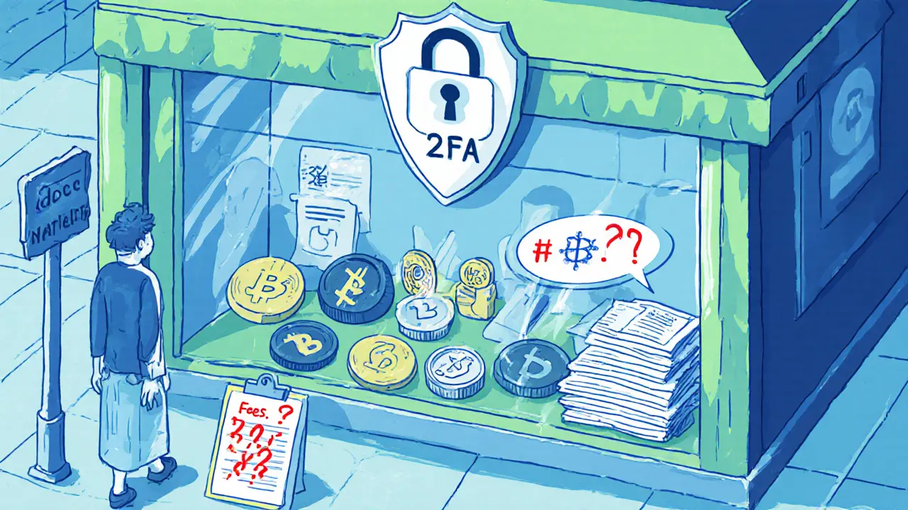 Cartoon Odee storefront displays seven crypto coins and a security shield with question marks.