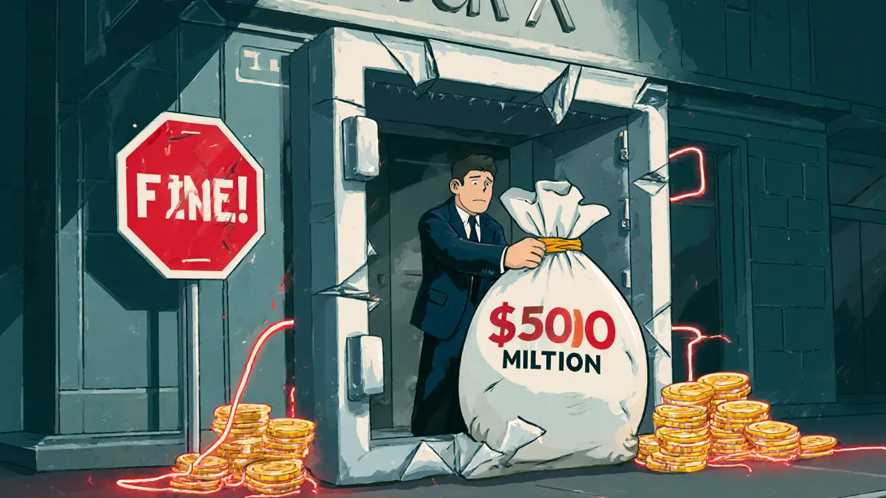 Cartoon of a cracked crypto exchange safe with a DOJ agent pulling out a large bag of money and a red sanctions sign.