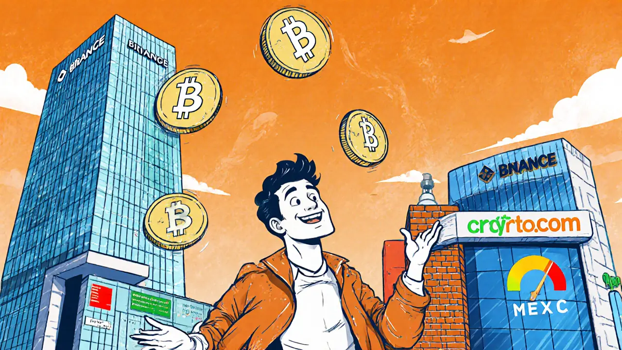 Cartoon of a trader juggling SN44 coins between three exchange buildings with liquidity meters.