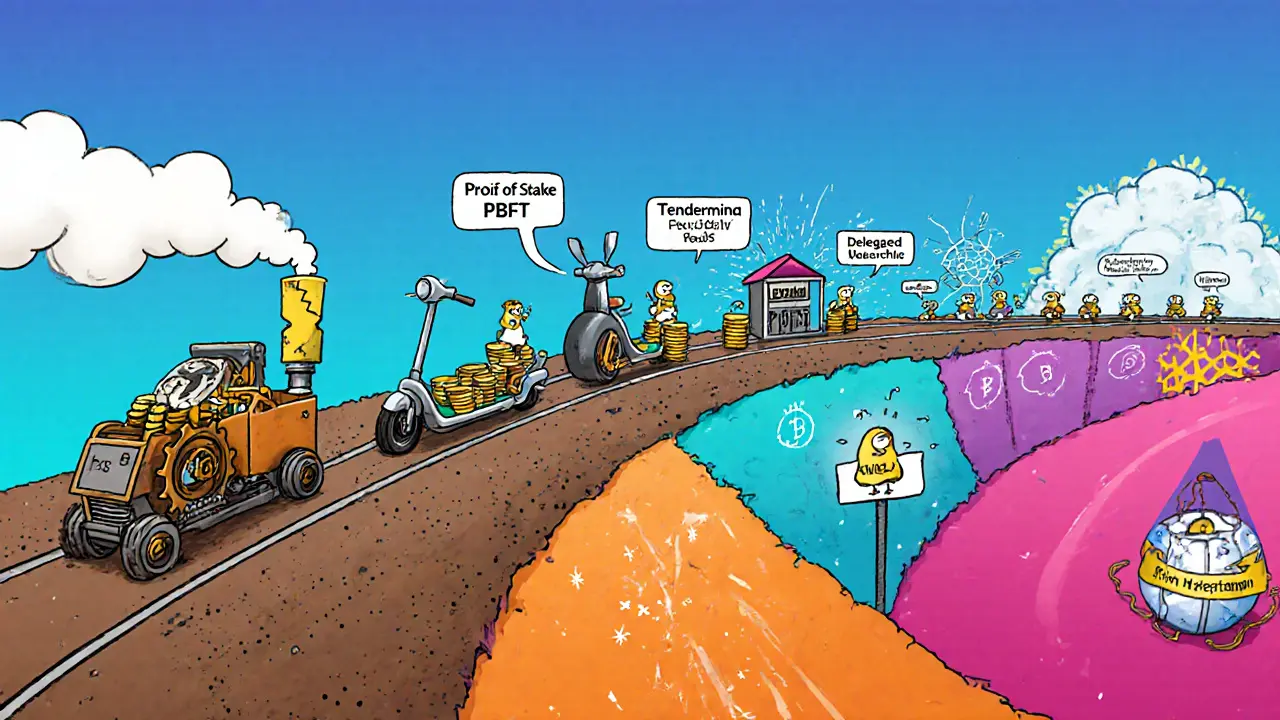 Cartoon timeline race track showing PoW miner cart, PoS scooter, Tendermint gear, DPoS booth, Avalanche snowball, and Hashgraph birds.
