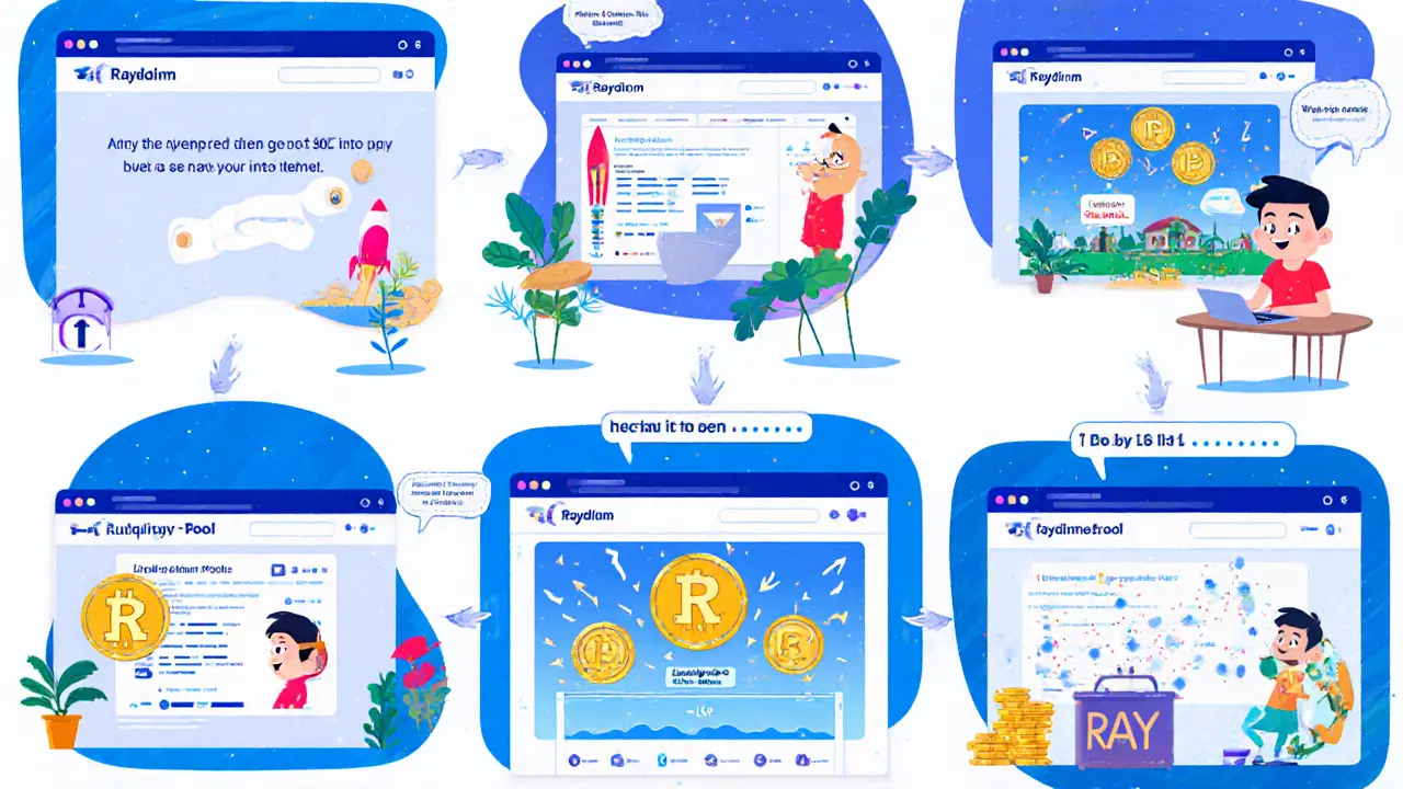 Cartoon user steps: connect Phantom wallet, add SOL, swap tokens, provide liquidity, farm RAY.