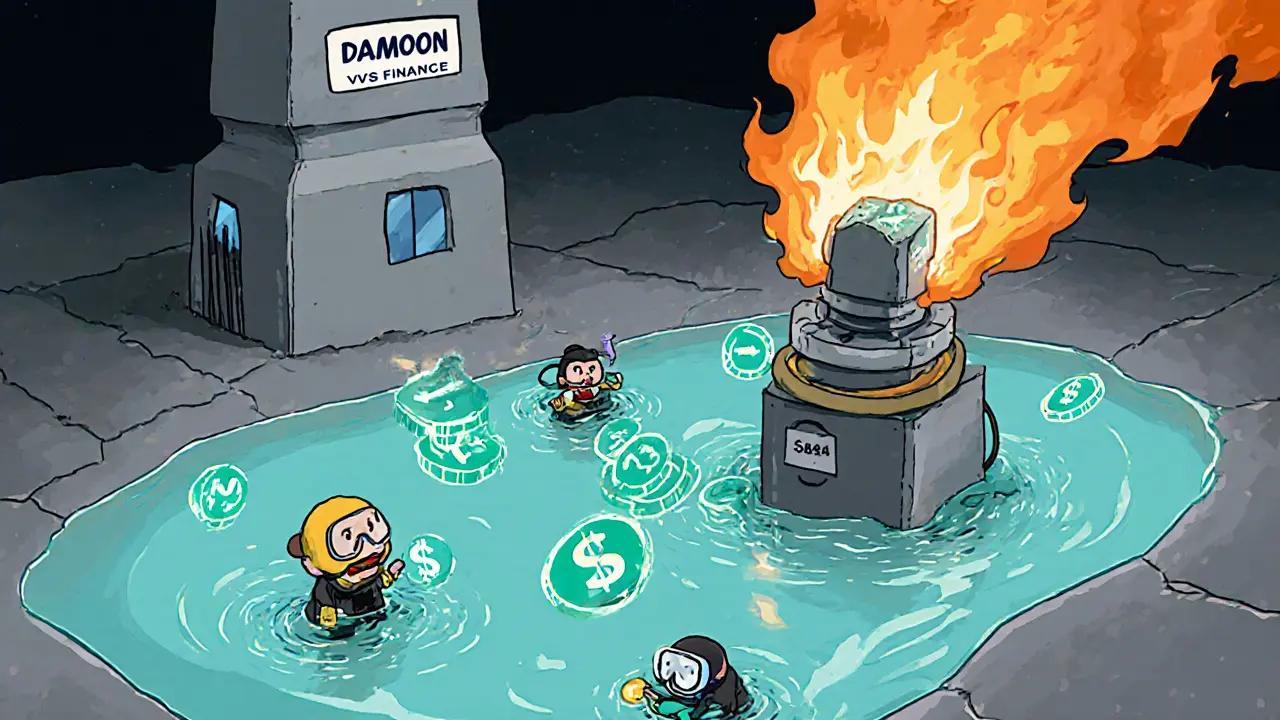 Chaotic DEX scene with traders, bouncing DAMOON tokens, and a VVS Finance burn flame.
