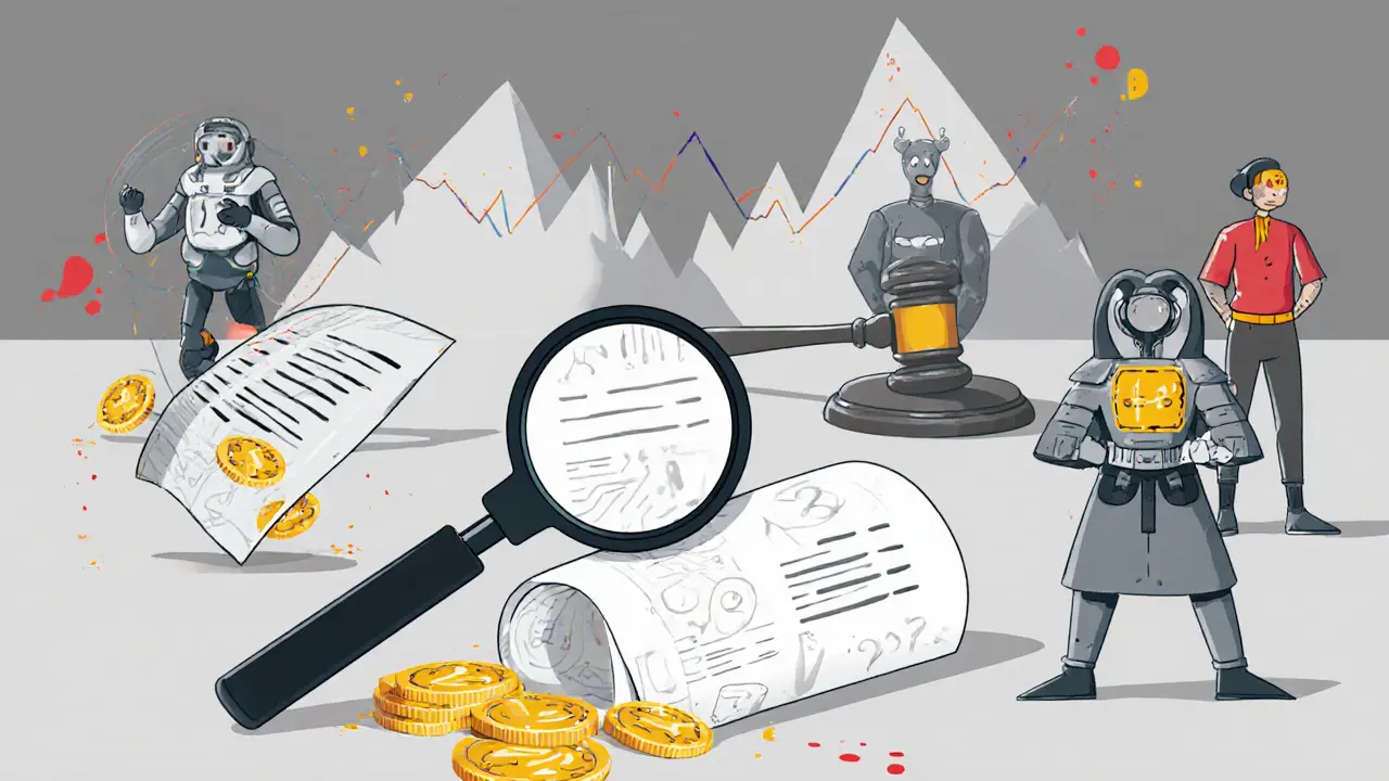 Editorial cartoon showing a magnifying glass on a whitepaper, slipping coins, rival AI bots, and a gavel.