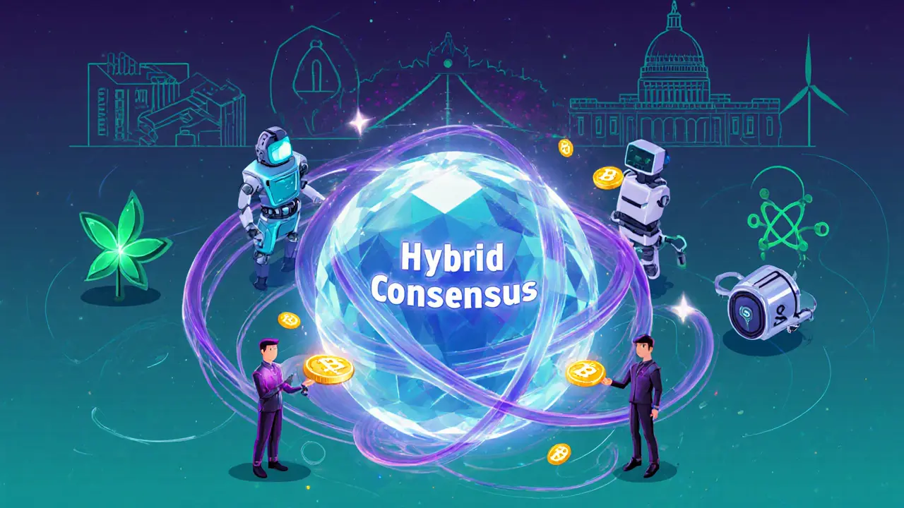 Future hybrid consensus sphere surrounded by diverse validator nodes, renewable icons, and quantum wave.