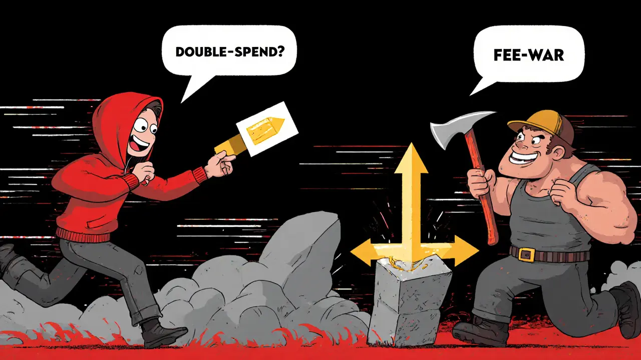 Hacker sends low‑fee payment, then a high‑fee rival to a miner who chooses the higher fee, showing double‑spend risk.