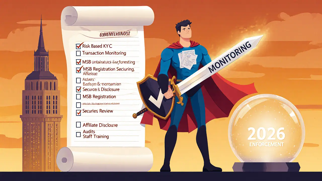 Heroic compliance officer with a KYC cape protects a crypto exchange tower, checklist scroll and crystal ball visible.
