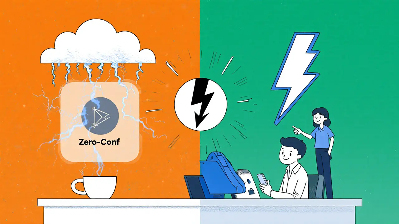 Merchant compares risky zero‑conf payment with secure Lightning Network payment.