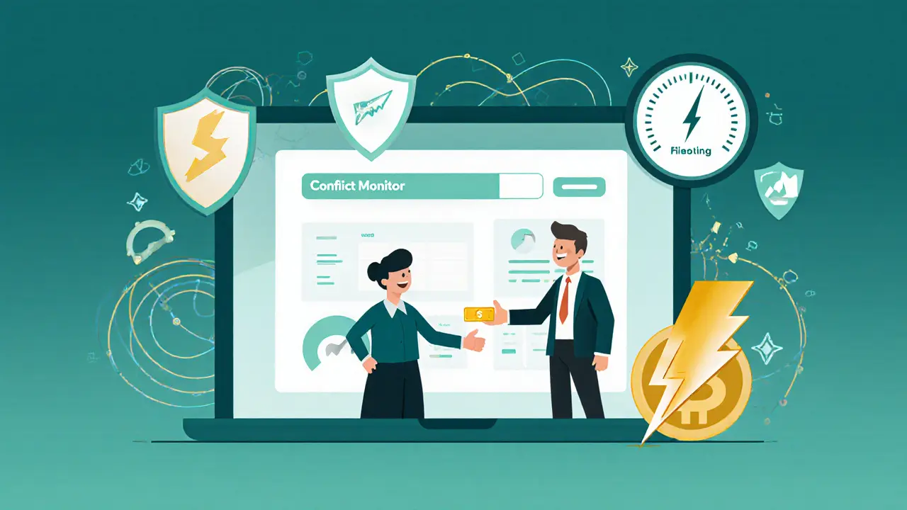 Merchant dashboard with icons for propagation, conflict monitoring, thresholds, and Lightning Network bolt.