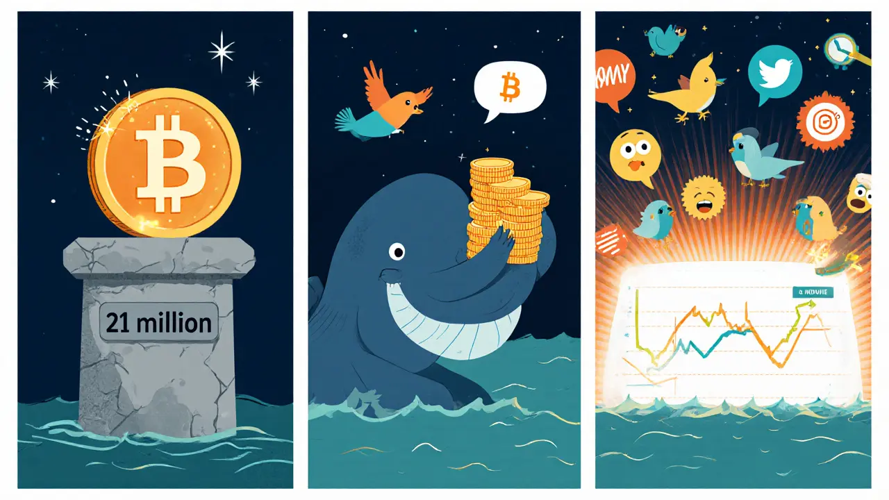 Three panels showing Bitcoin supply cap, a whale holding coins, and social media sentiment driving price swings.
