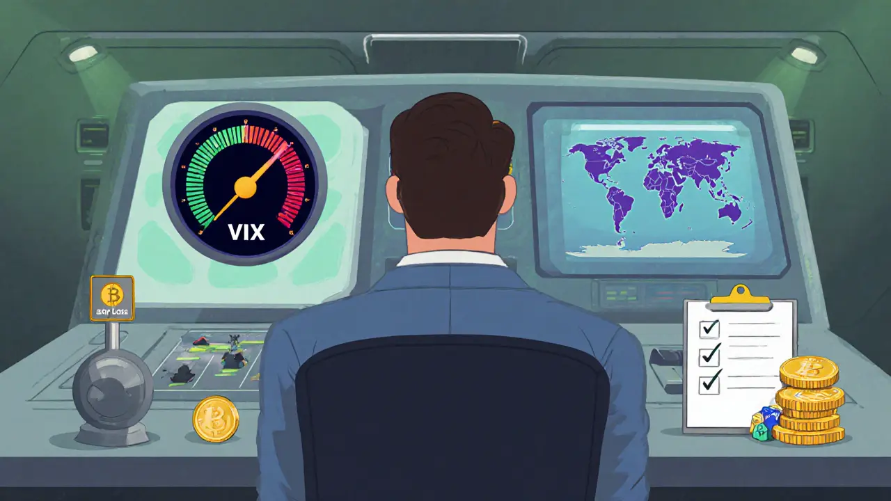 Trader at a dashboard with ATR, VIX and volatility surface gauges, plus risk‑management tools.